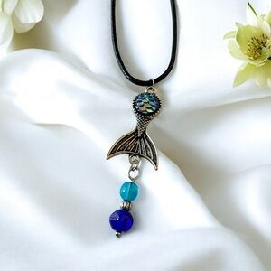 Silvertone Mermaid Tail Necklace Blue Glass Beads Black Cord 19”